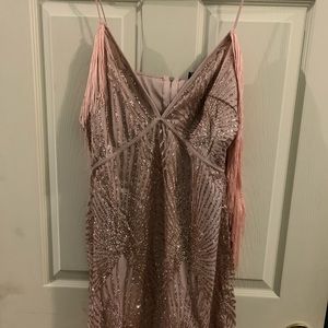 Rose Sequin Tassel Shoulder Midi Dress